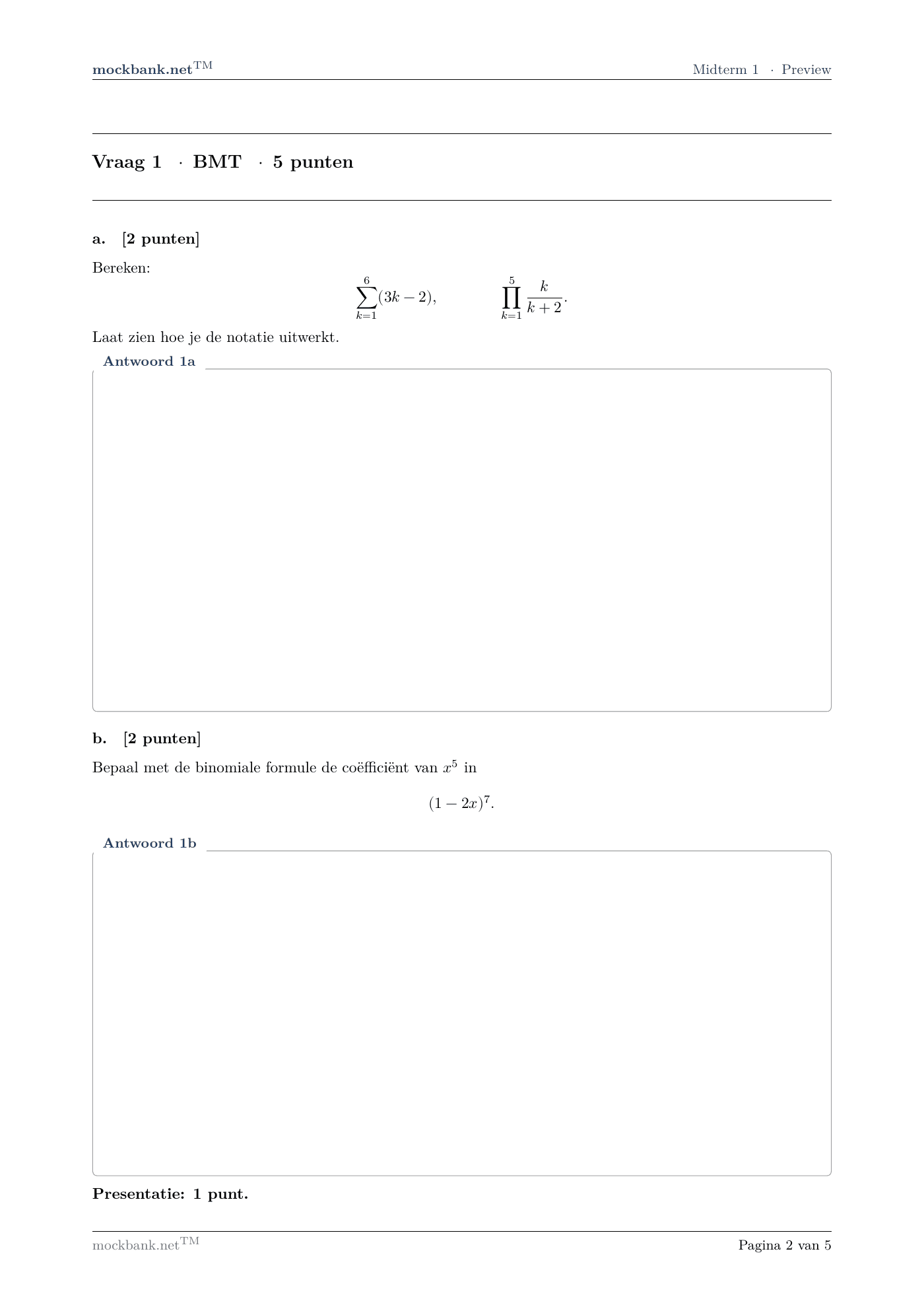 Mock 1 · Vraag 1 (BMT), een pagina uit het pakket.