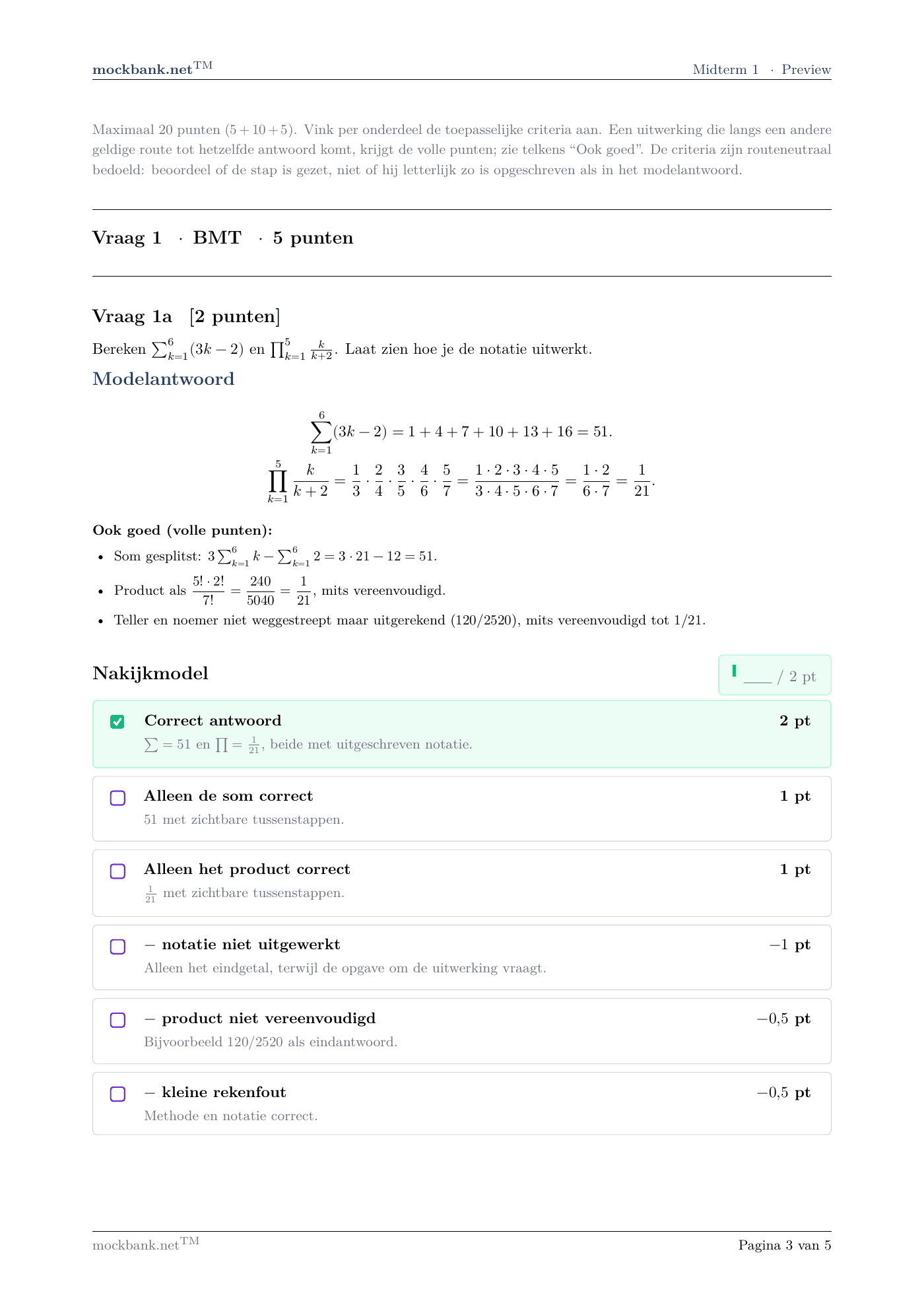 Vraag 1 · Nakijkmodel (1 van 2), een pagina uit het pakket.