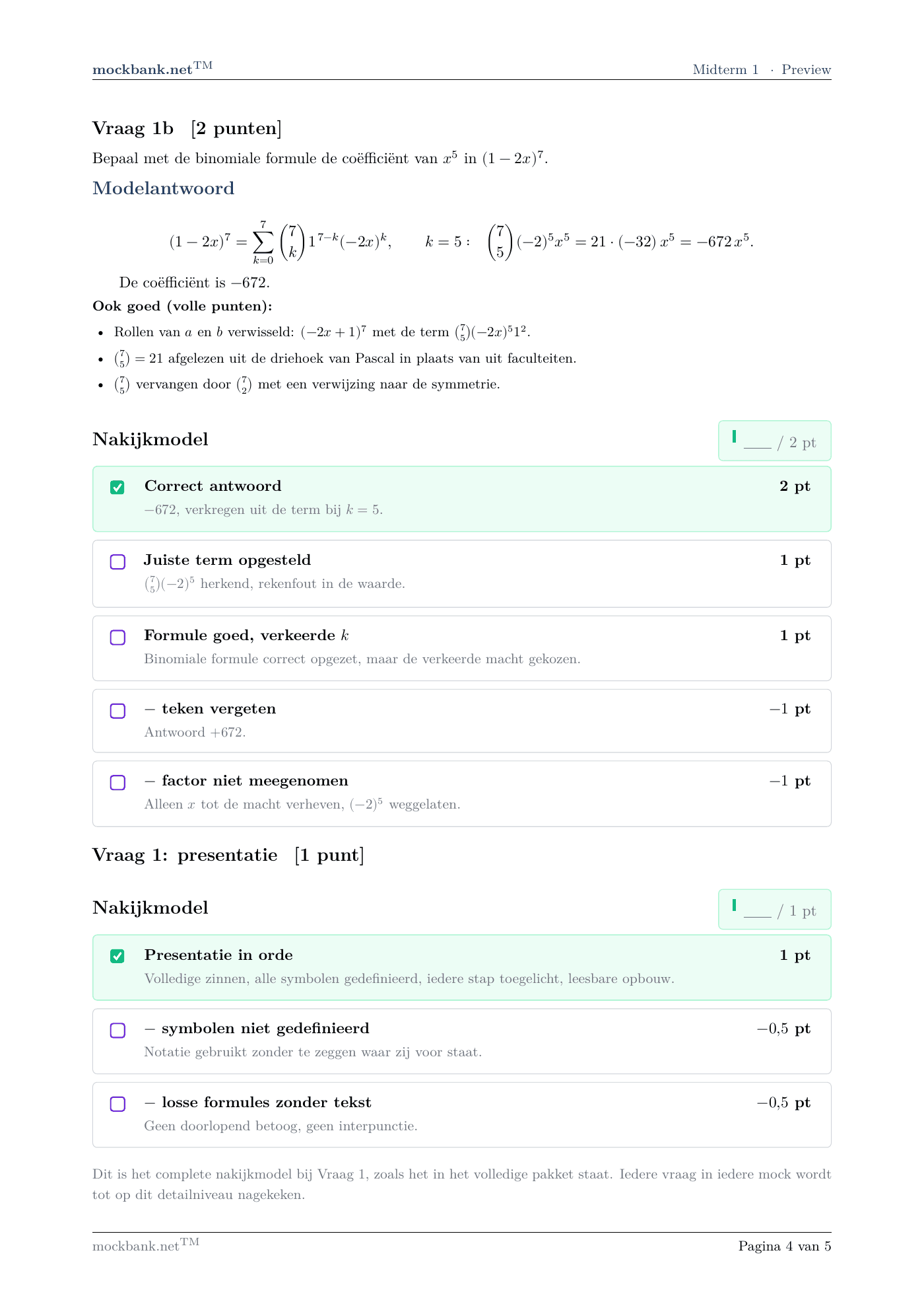 Vraag 1 · Nakijkmodel (2 van 2), een pagina uit het pakket.