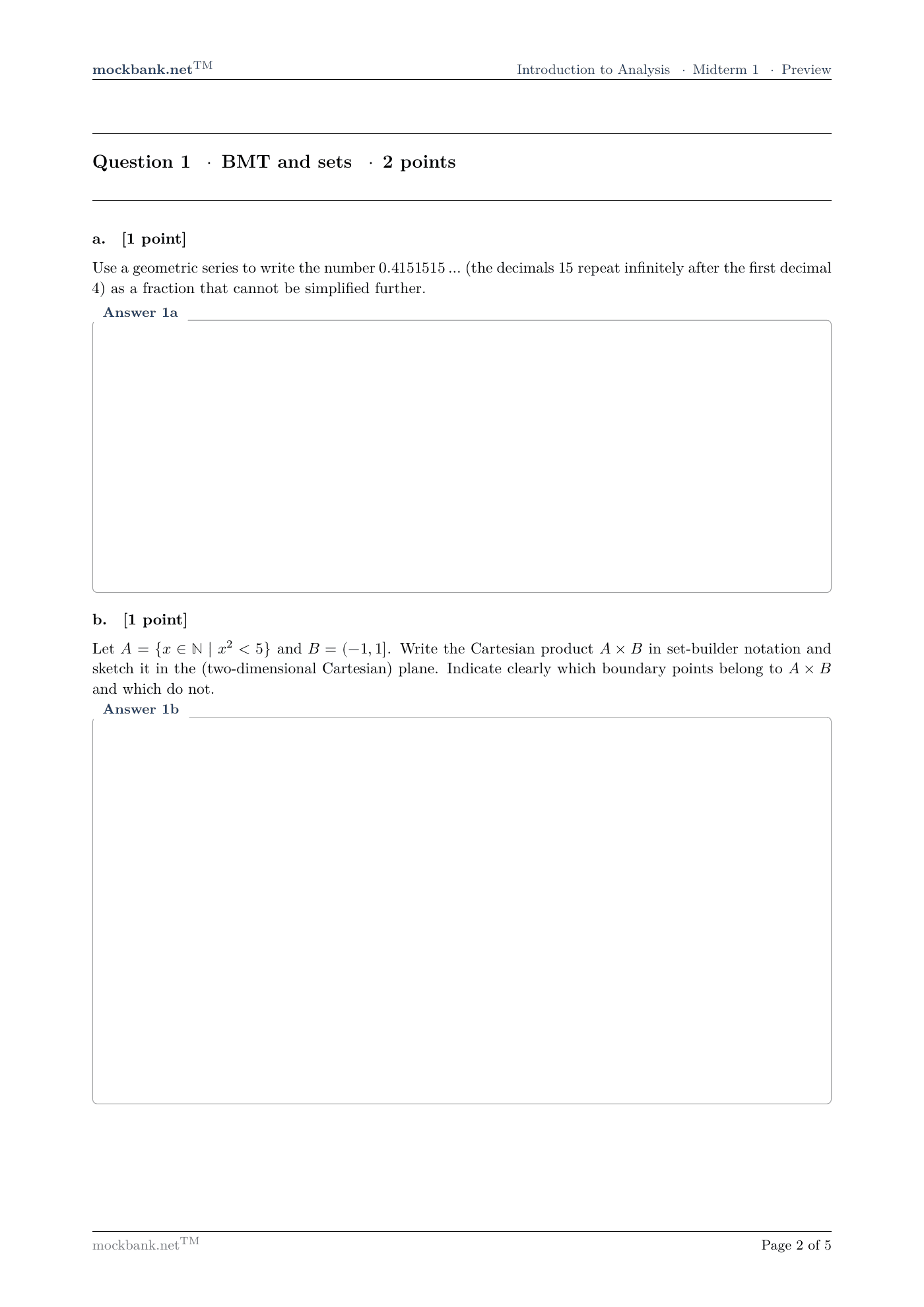 Mock 1 · Question 1 (BMT and sets), a page from the pack.