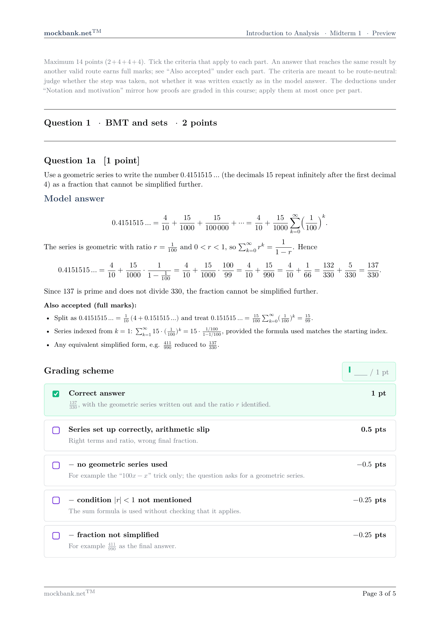 Question 1 · Grading scheme (1 of 2), a page from the pack.