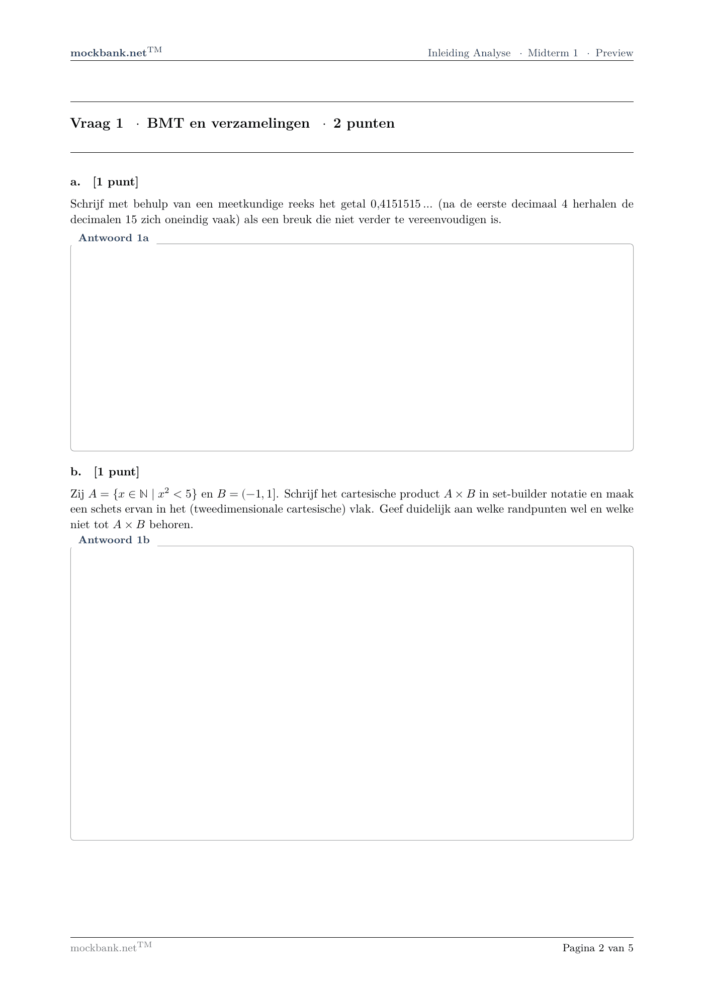 Mock 1 · Vraag 1 (BMT en verzamelingen), een pagina uit het pakket.