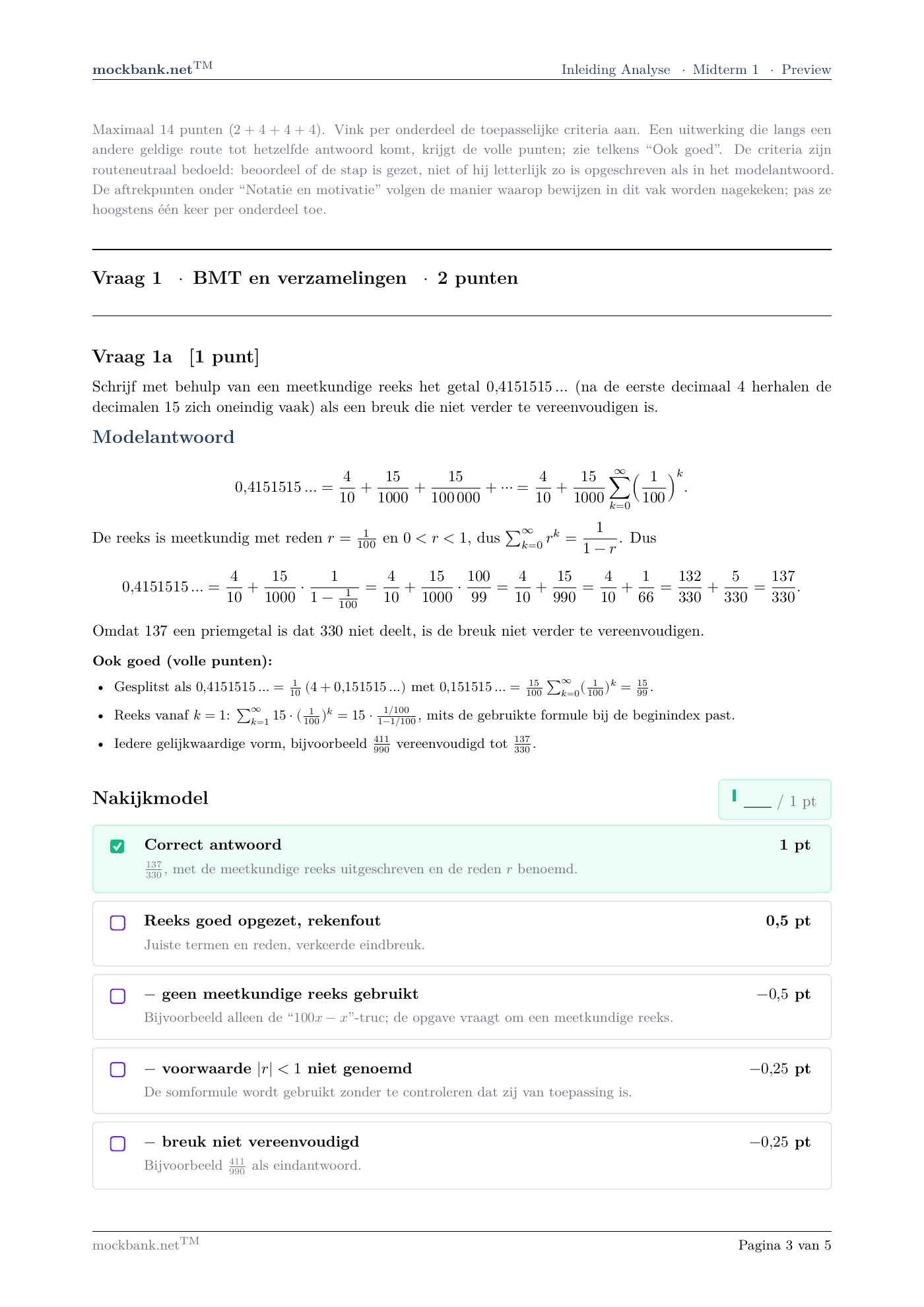 Vraag 1 · Nakijkmodel (1 van 2), een pagina uit het pakket.