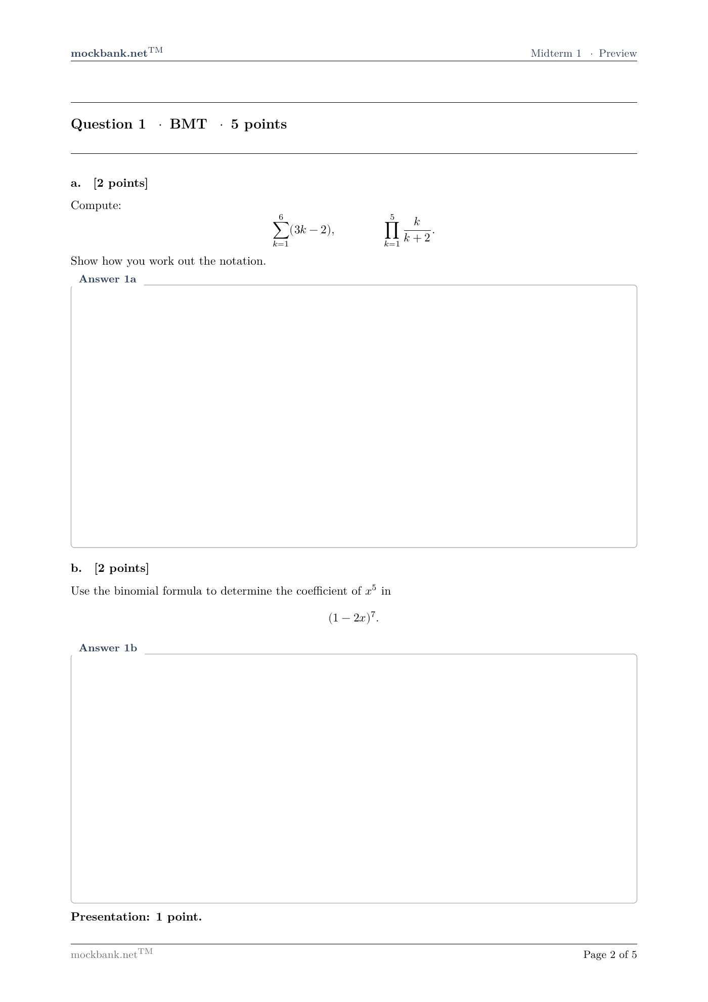 Mock 1 · Question 1 (BMT), a page from the pack.