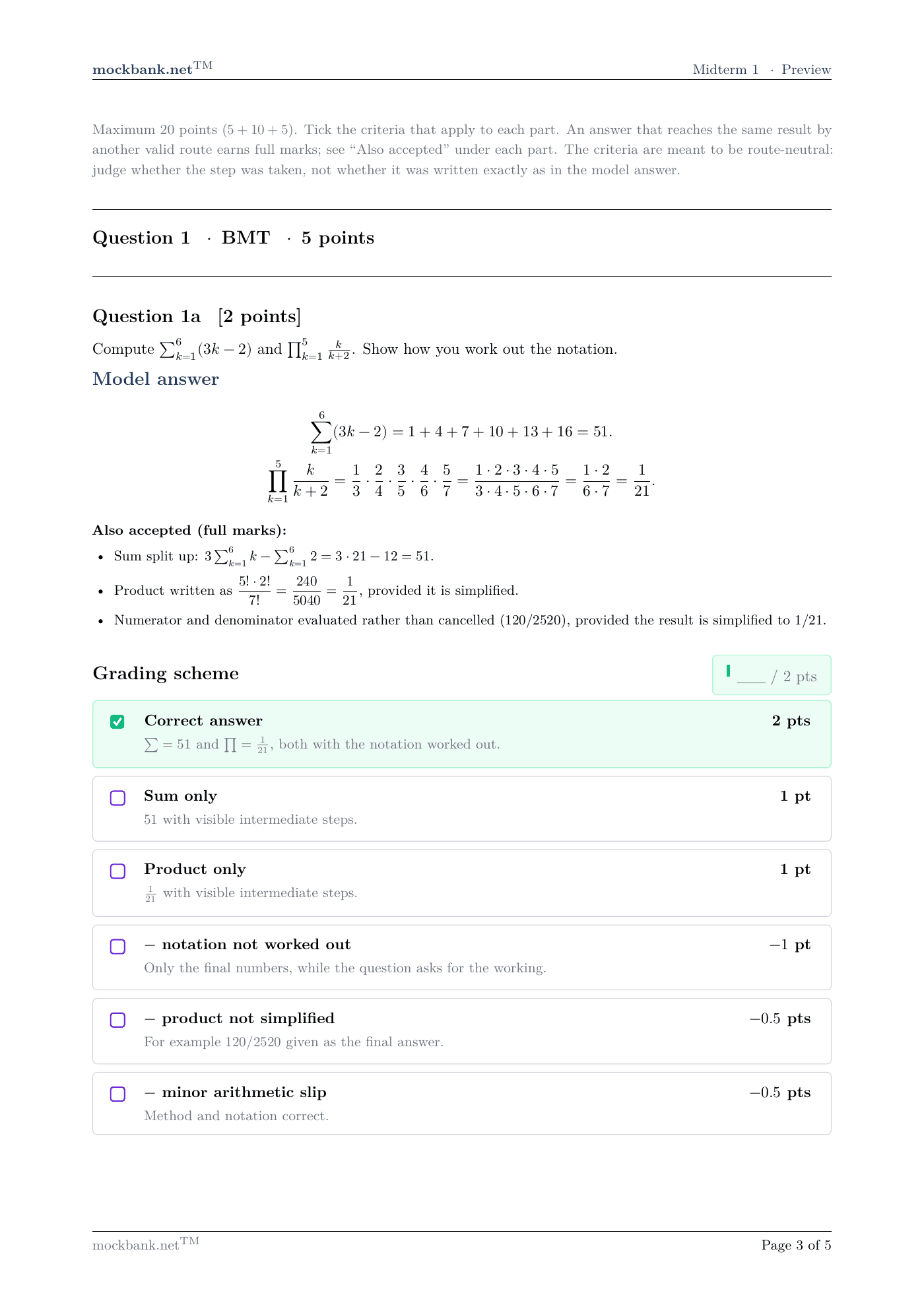 Question 1 · Grading scheme (1 of 2), a page from the pack.