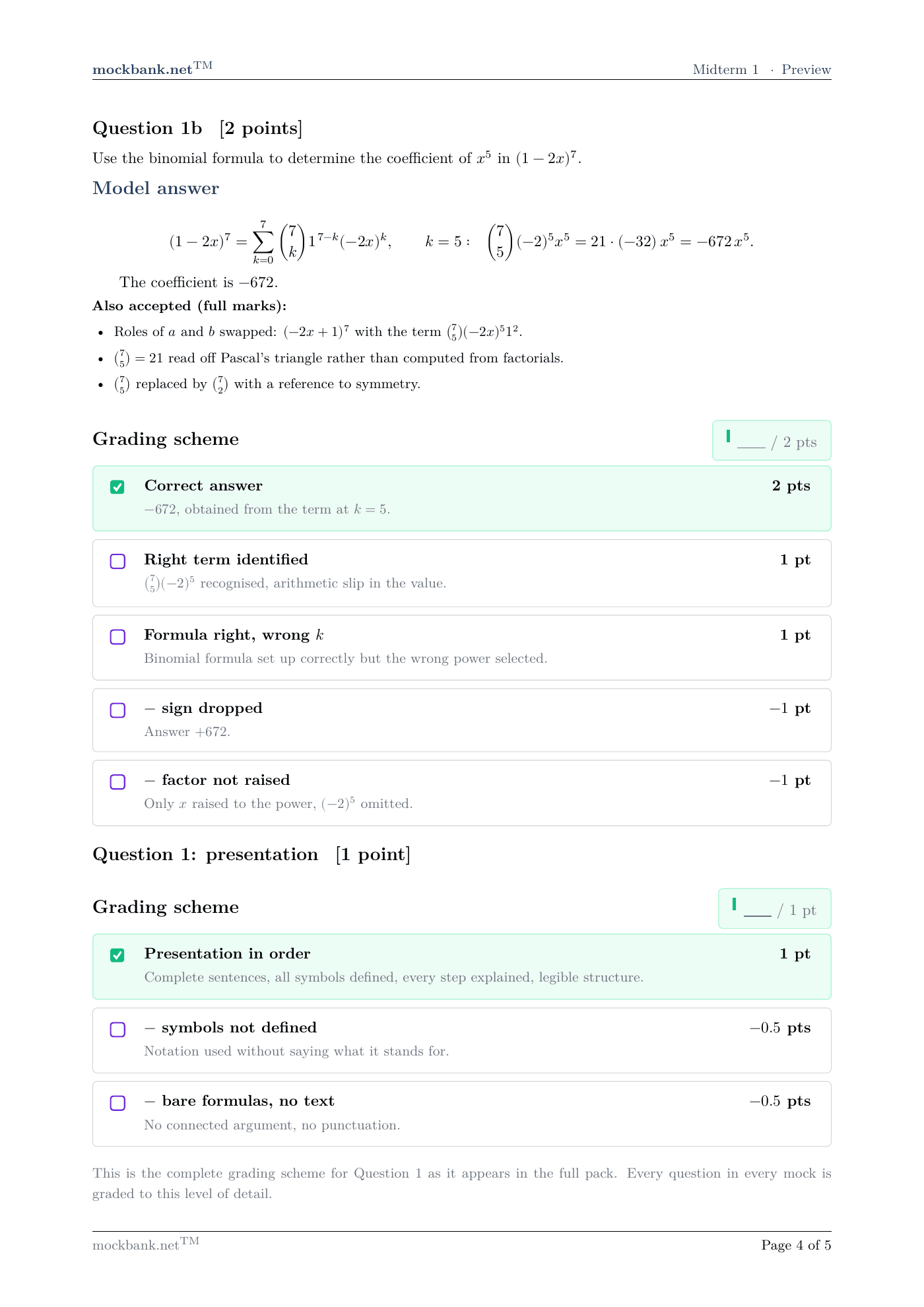 Question 1 · Grading scheme (2 of 2), a page from the pack.